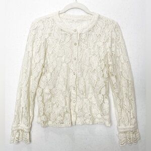 No Brand Lace Sheer White Lace Ruffle Sleeve Long Sleeve Button Front Blouse